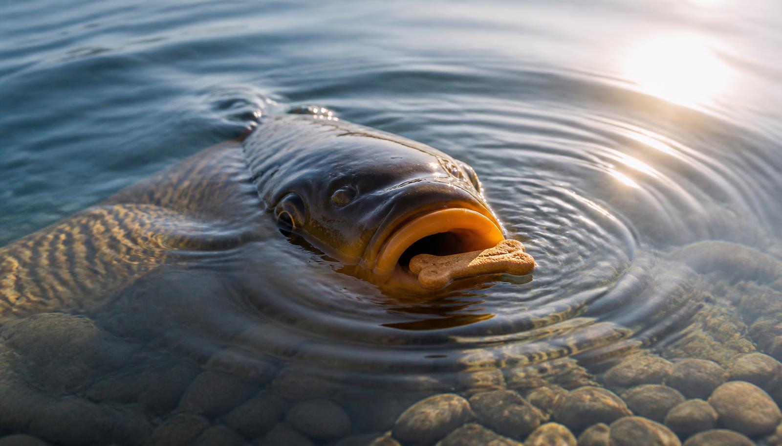 A summer carp lifting to a floating bait in the surface film
