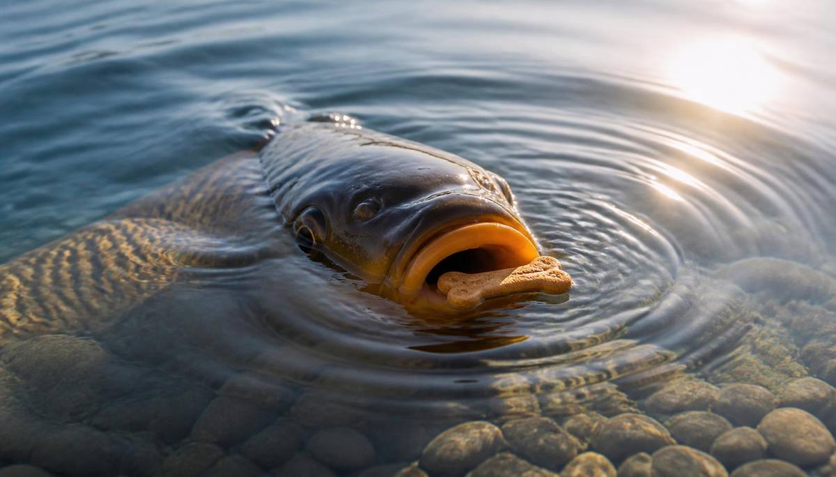 A summer carp lifting to a floating bait in the surface film